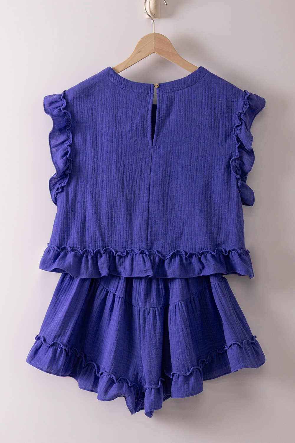 Very J Blue Ruffled Solid Woven Top & Shorts Set