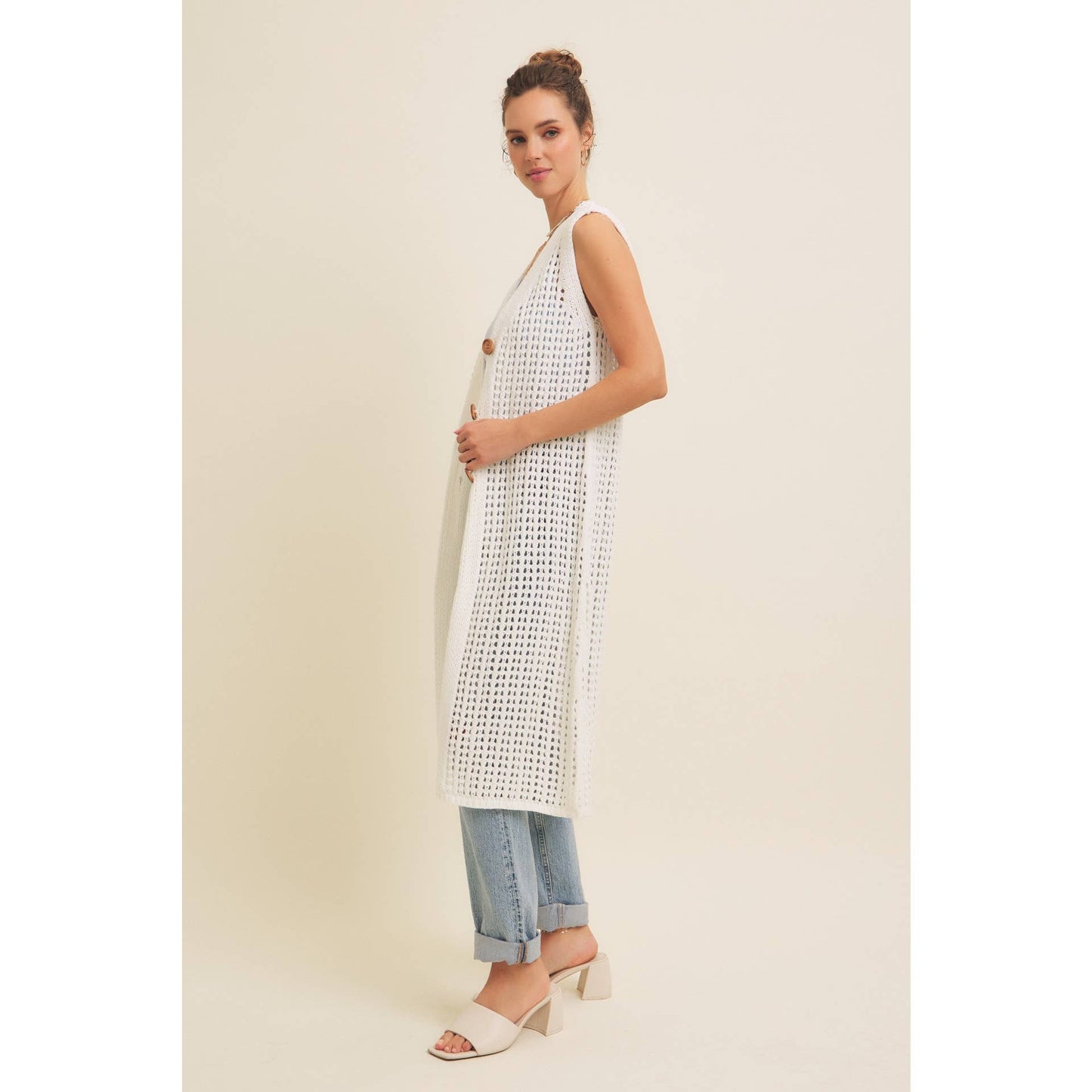 BUTTON-DOWN OPEN KNIT SLEEVELESS MIDI SWEATER CARDIGAN