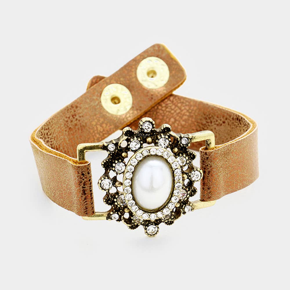 Stone Trimmed Antique Oval Pearl Accent Snap Button Bracelet