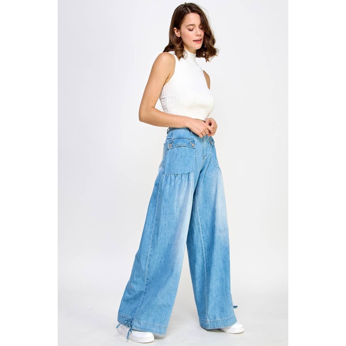Ankle Drawstring Wide Denim Pants: Dark Wash / M
