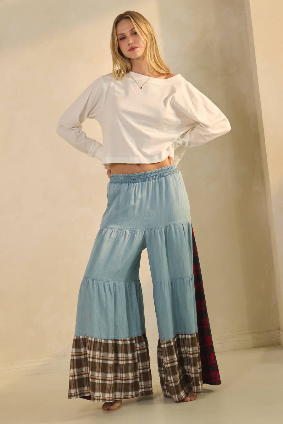 Color Block Tiered Pants: Washed Chambray / S