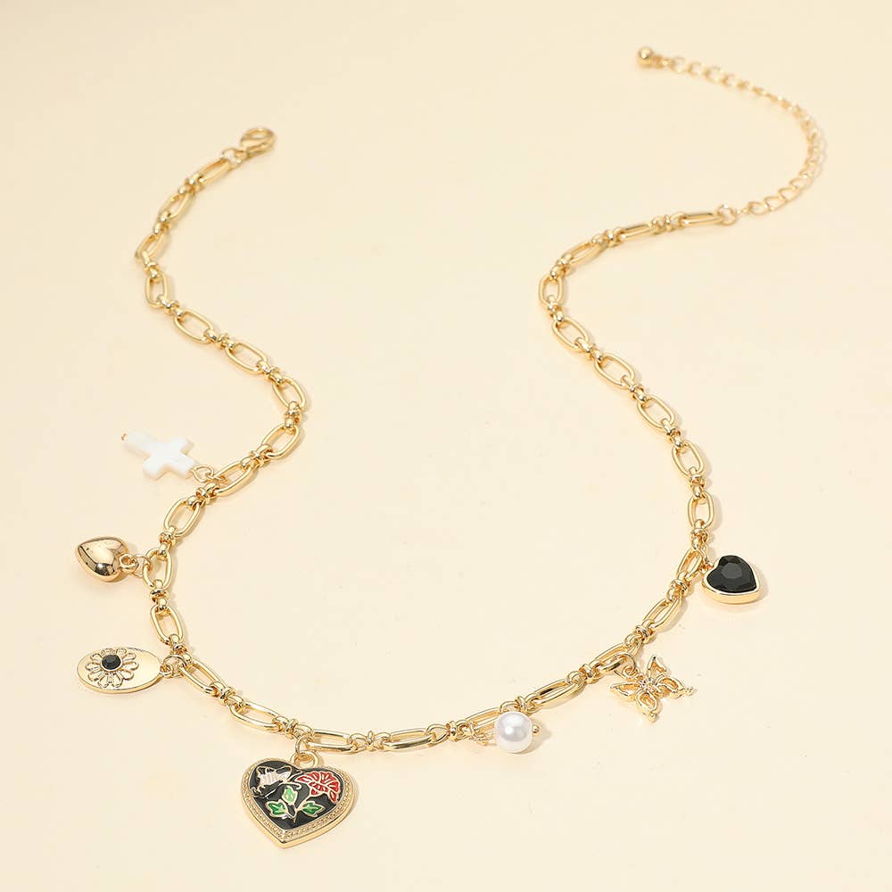 Butterfly Flower Enamel Detailed Heart Pendant Charm Station Necklace: Black,Gold