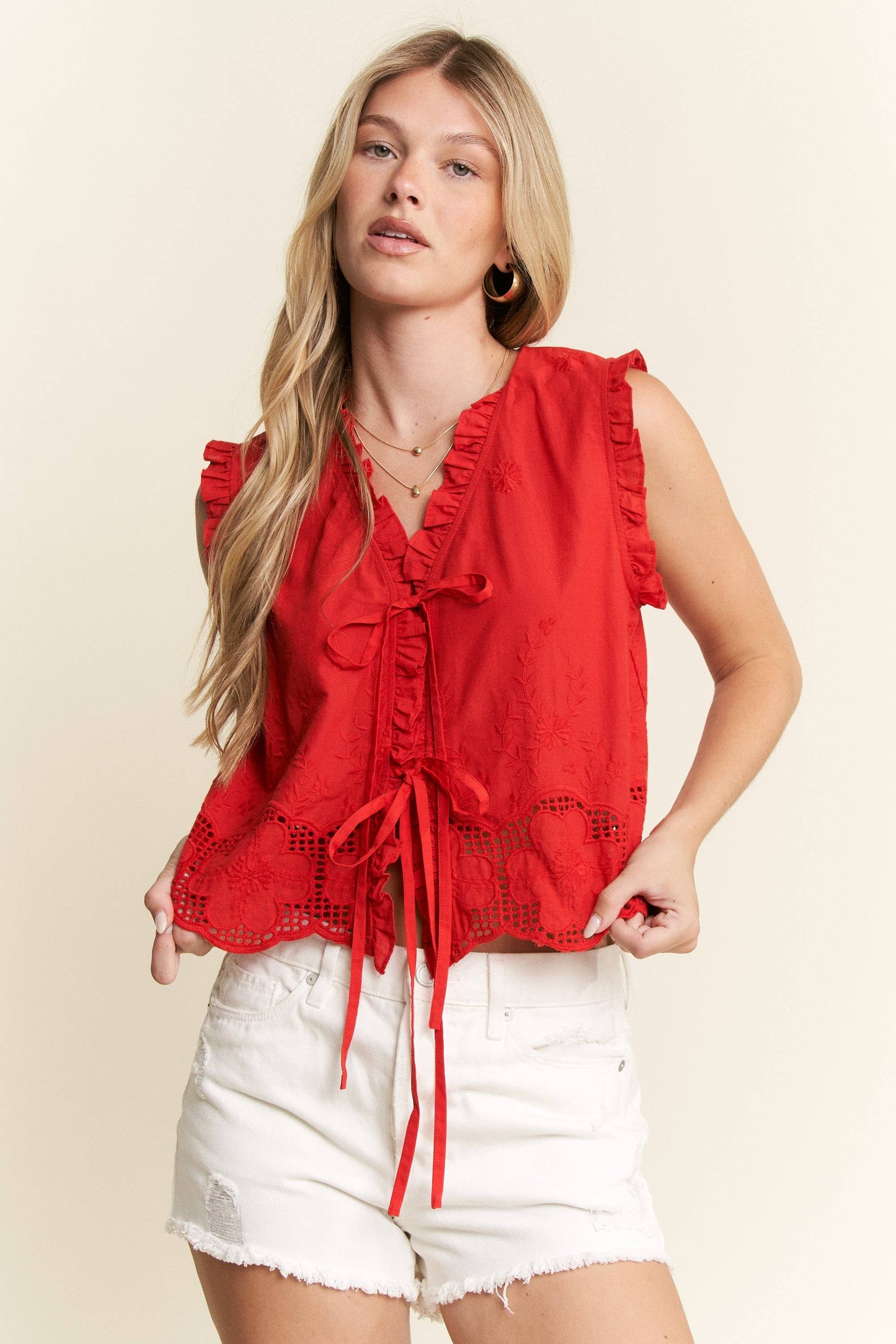 SLEEVELESS RUFFLE FRONT TIE TOP