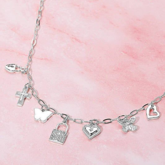 Lock Butterfly Heart Cross Charm Station Necklace: Clear,Rhodium