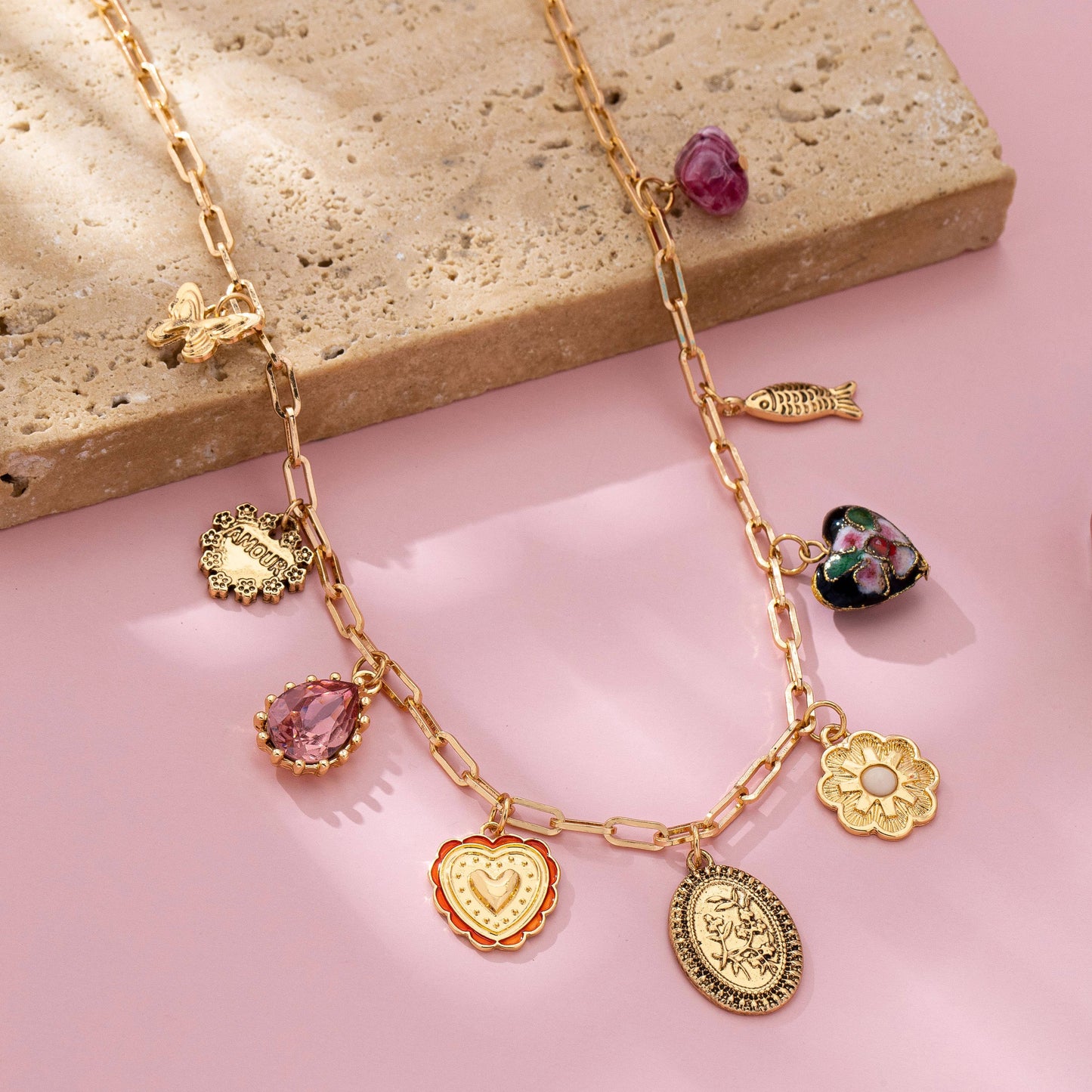 Heart Cloisonne Multi Charm Necklace | 80N92777