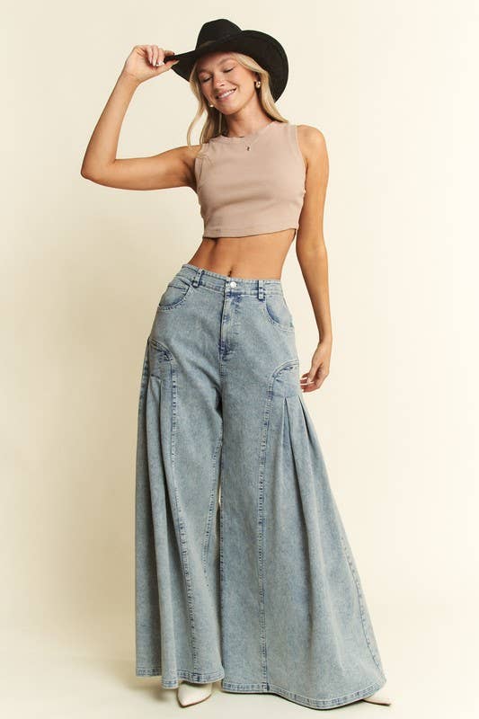 DENIM WIDE LEG FLARED PANTS: DENIM / L