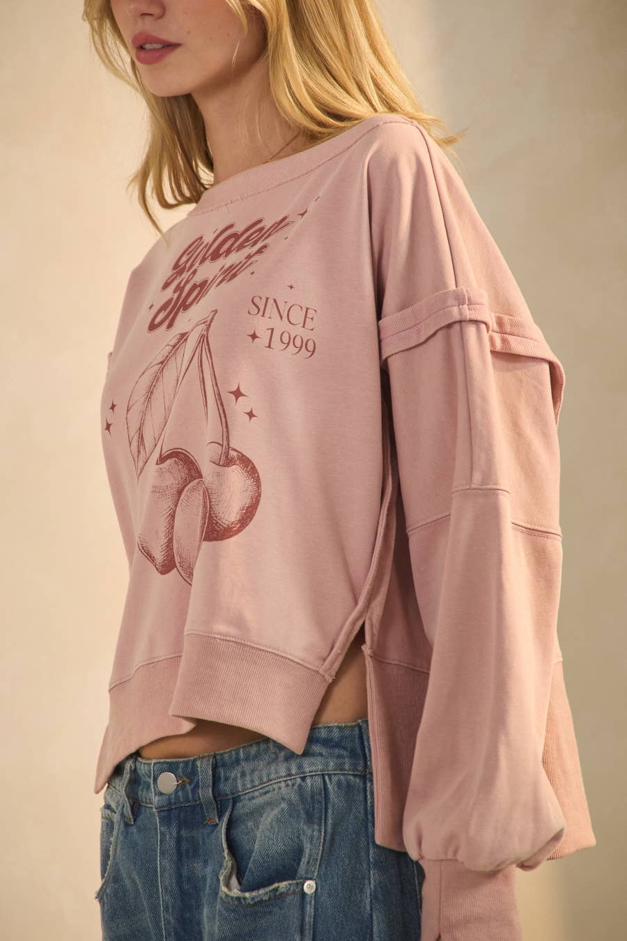 Acid Washed French Terry Cropped Sweatshirt: Washed Blush / S