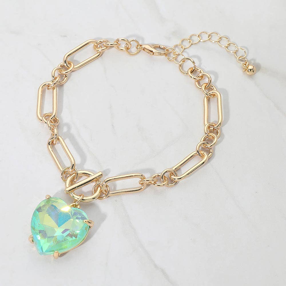Chunky Heart Stone Cluster Toggle Charm Bracelet