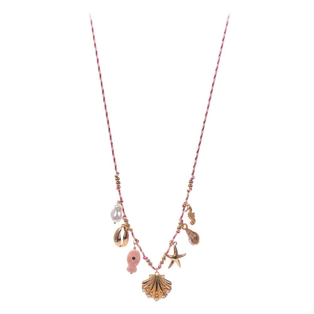 J5. Pearl Seashell Starfish Seahorse Charm Station Fabric Chain Twisted Necklace