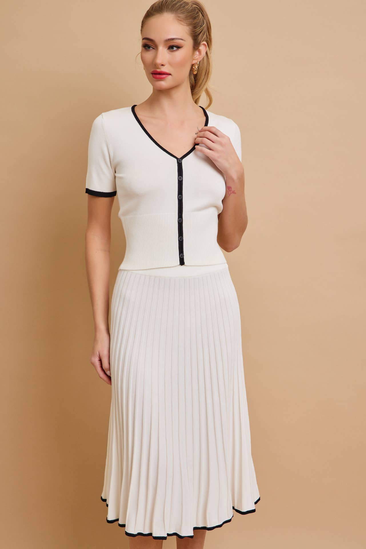 2A. Evadne Short Sleeve Top With Flare Skirt Set