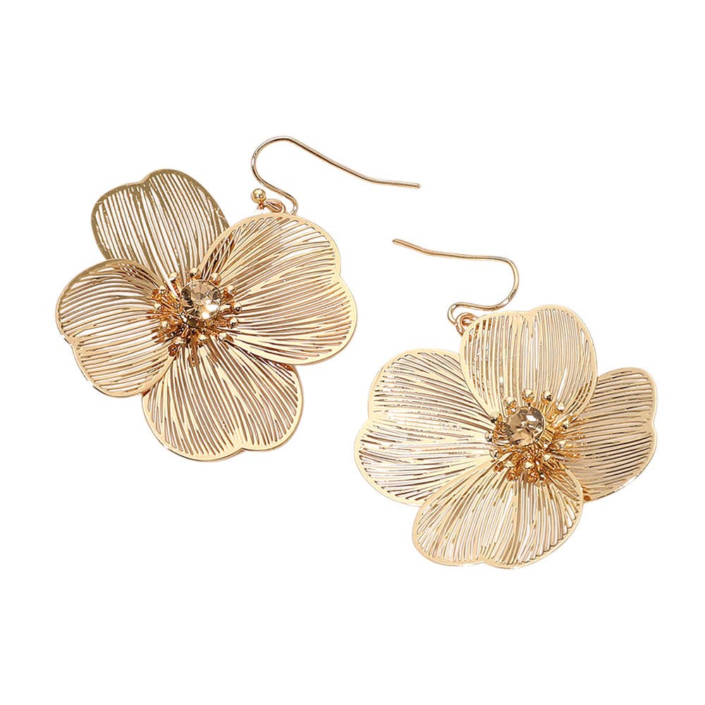 Stone Centered Pearl Back Detailing Metal Filigree Flower Drop Earrings