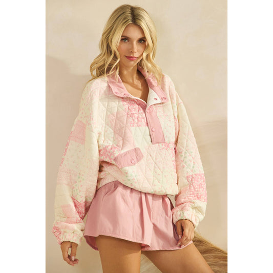 Textured Contrast printed Quarterzip Sweater: Pink Combo / S