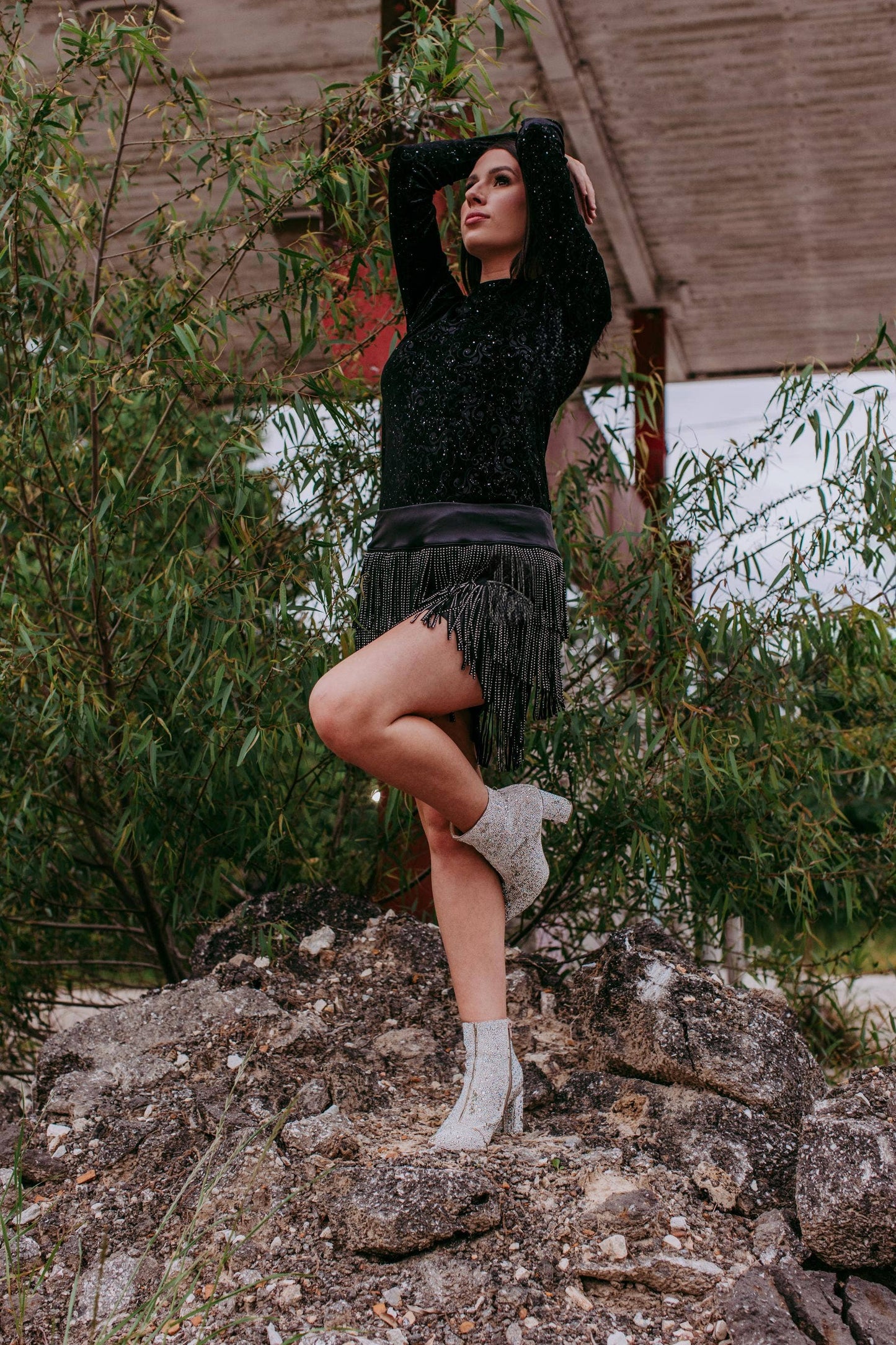 MK414 Tooled leather Velvet Mesh Top