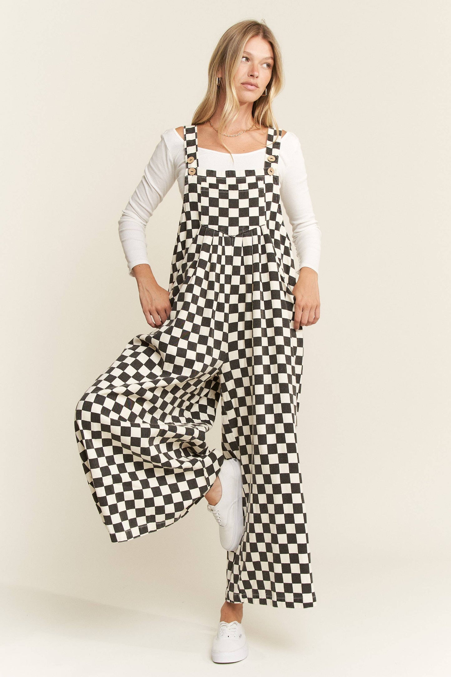 CHECKERED WIDE LEG OVERALLS