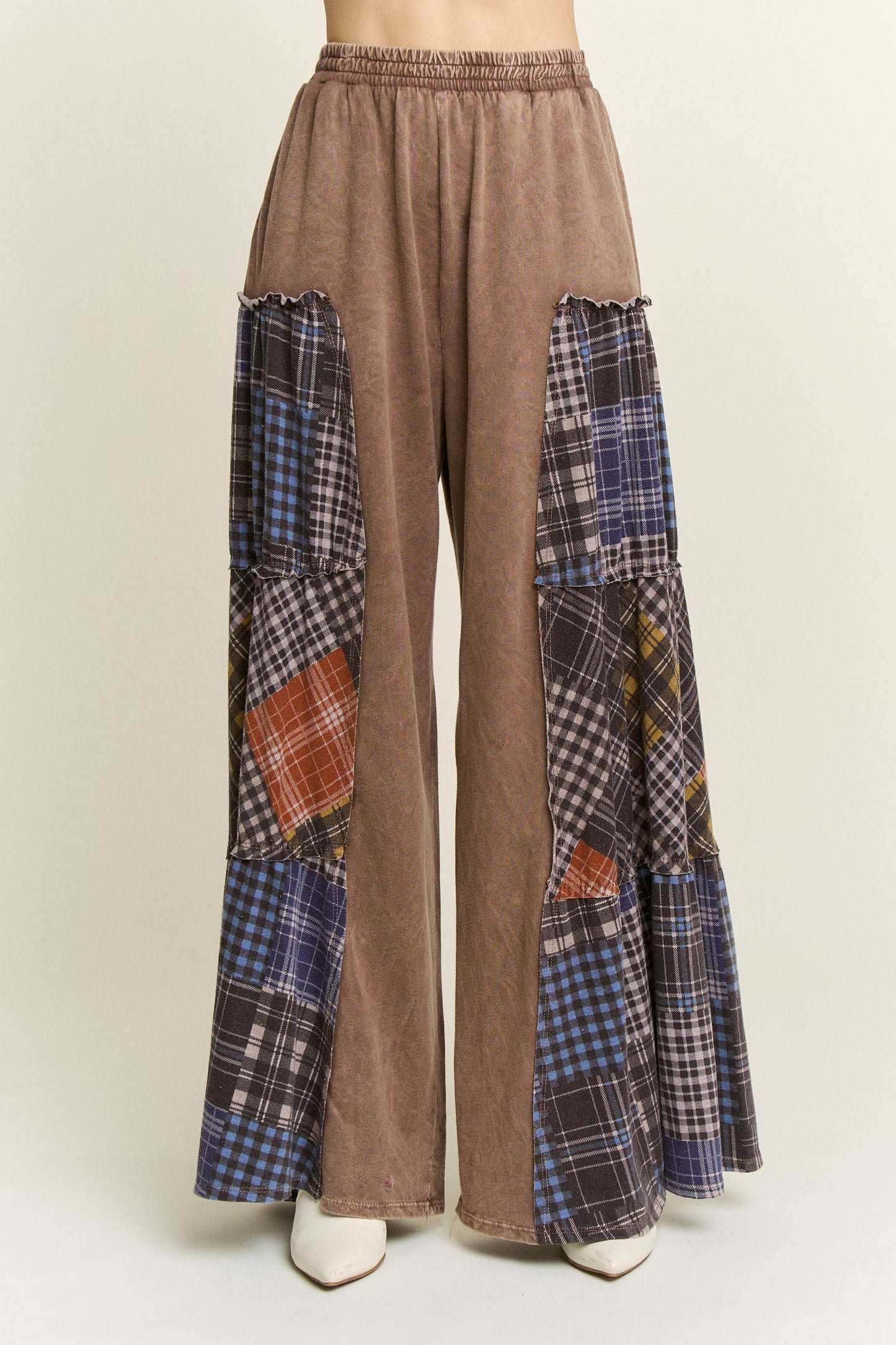 Mineral Washed Tiered Plaid Wide Flare pants HP6675: Olive / S-M-L / 2-2-2