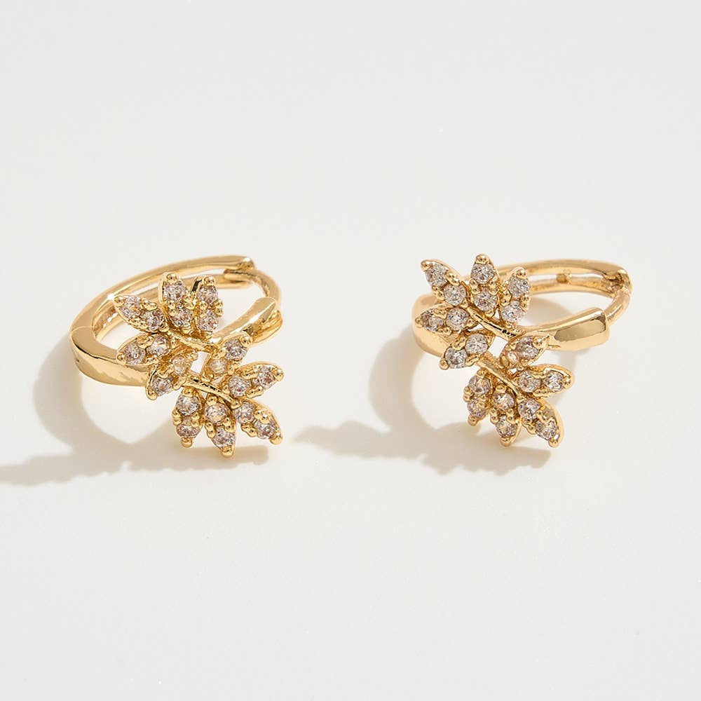 14K Gold Dipped CZ Stone Paved Leaves Mini Huggie Hoop Earrings