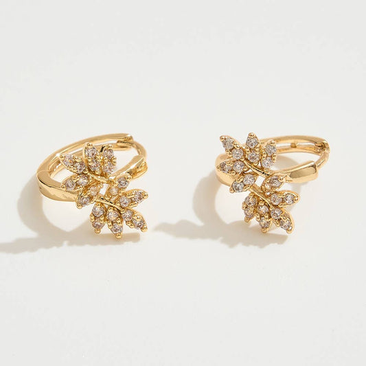 14K Gold Dipped CZ Stone Paved Leaves Mini Huggie Hoop Earrings