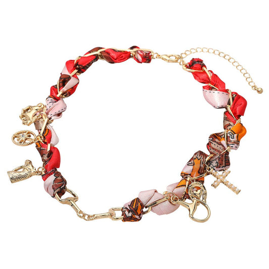 Horsebit Link Center Horse Horseshoe Pearl Cross Starburst Charm Station Fabric Necklace: Gold,Red