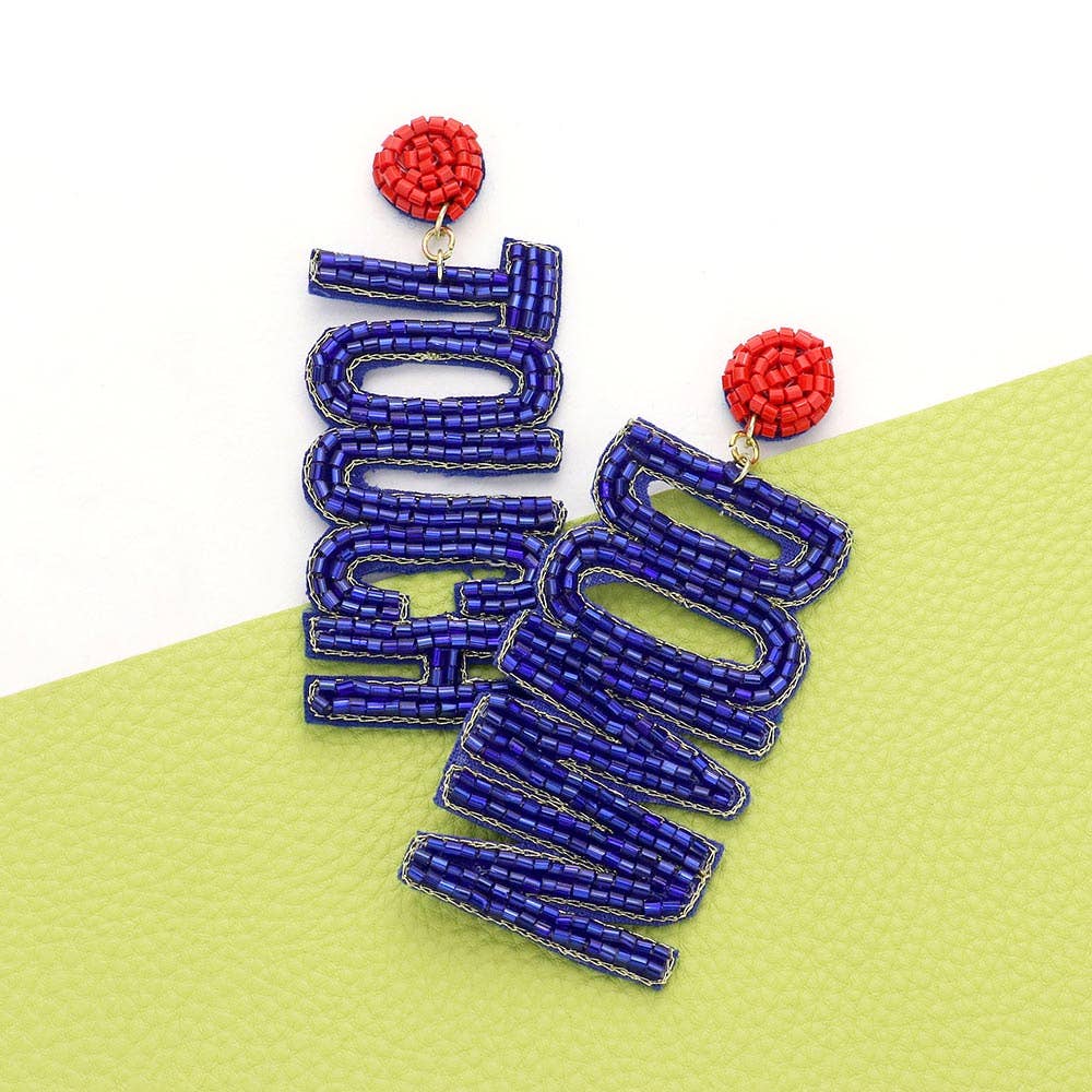 Game Day Felt Back Beaded Touch Down Message Dangle Earrings: Royal Blue,White