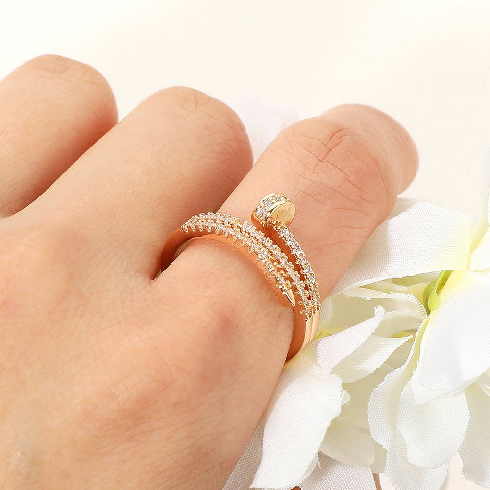 Stone Paved Nail Adjustable Ring: Clear,Rhodium