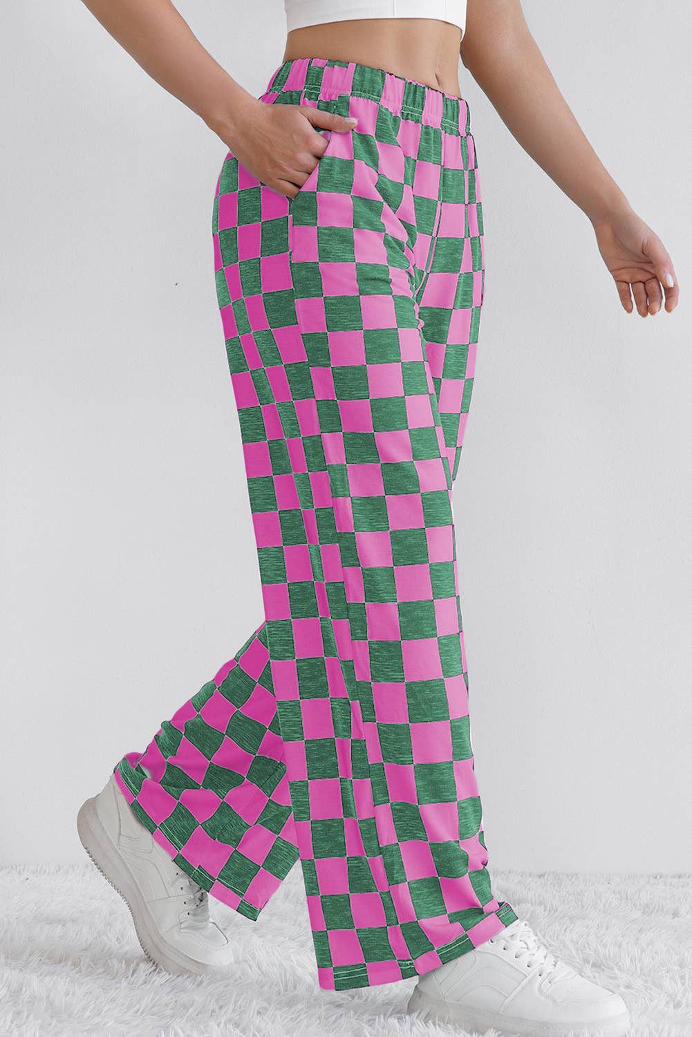 LA SOCIETY Checkered Print High Waist Wide Leg Pants Bottoms