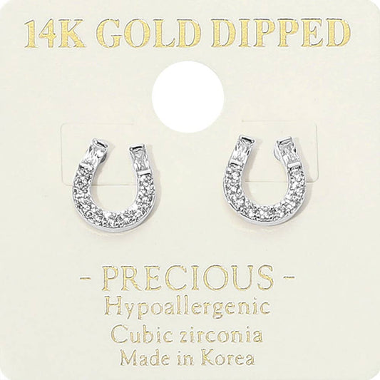 14K Gold Dipped Hypoallergenic CZ Stone Paved Horseshoe Stud Earrings