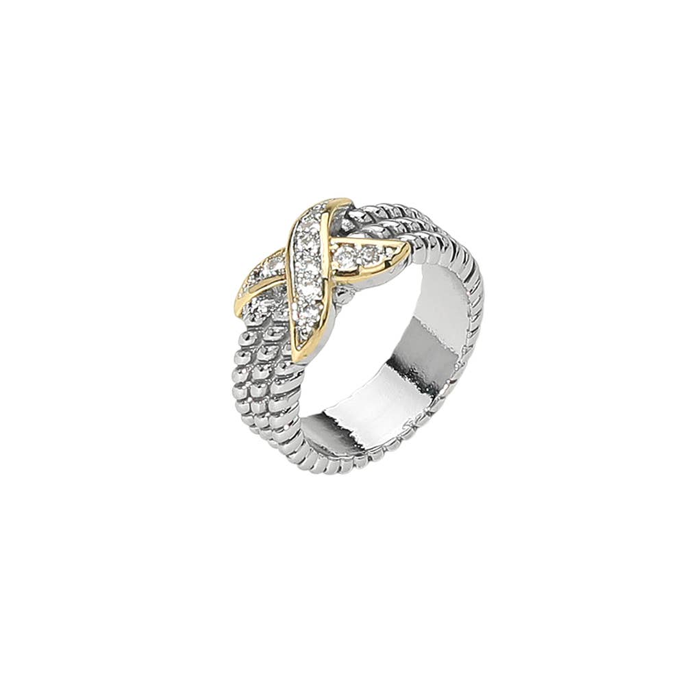 Two Tone CZ Stone Paved Crisscross Accent Textured Ring