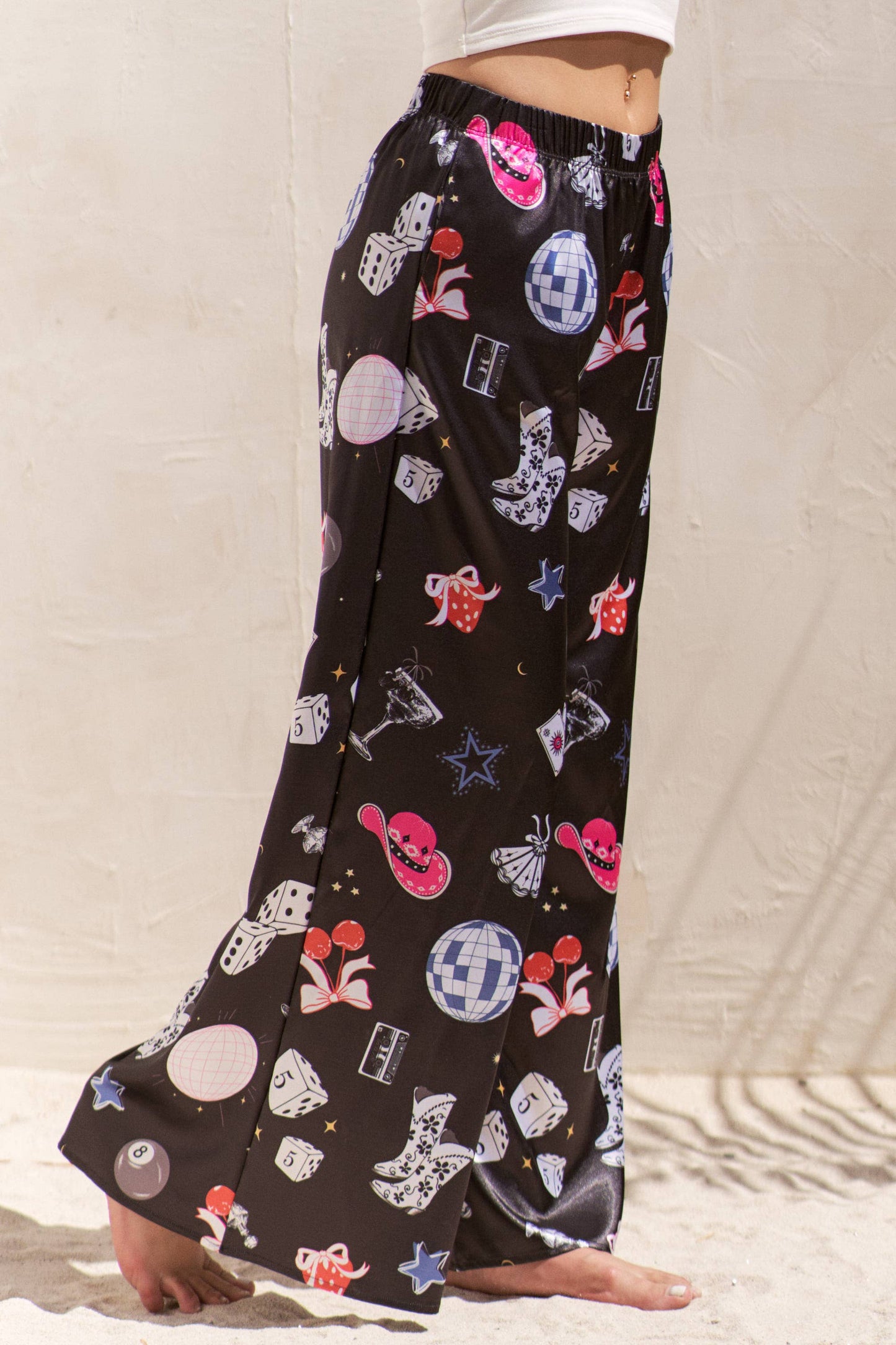 PARTY COLLAGE SATIN PANTS: Black / XL