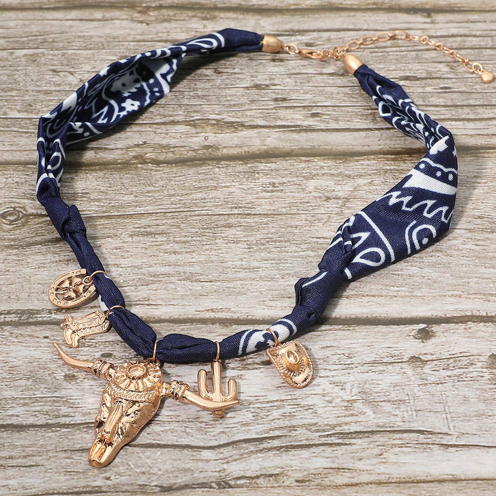 Boho Western Bull Skull Cactus Cowboy Hat Boots Charm Fabric Necklace: Navy