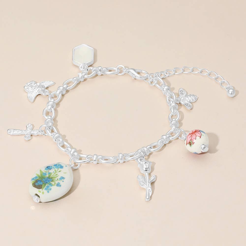 Vintage Floral Ceramic Charm Metal Angel Flower Stem Honey Bee Charm Station Bracelet: Green,Matte Silver