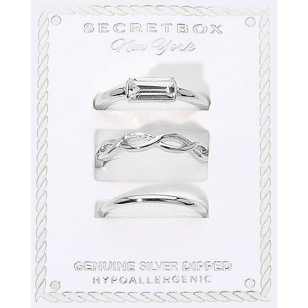 SECRET BOX_3PCS Genuine Gold Dipped Baguette Stone Accent Stackable Fashion Ring Set: Silver