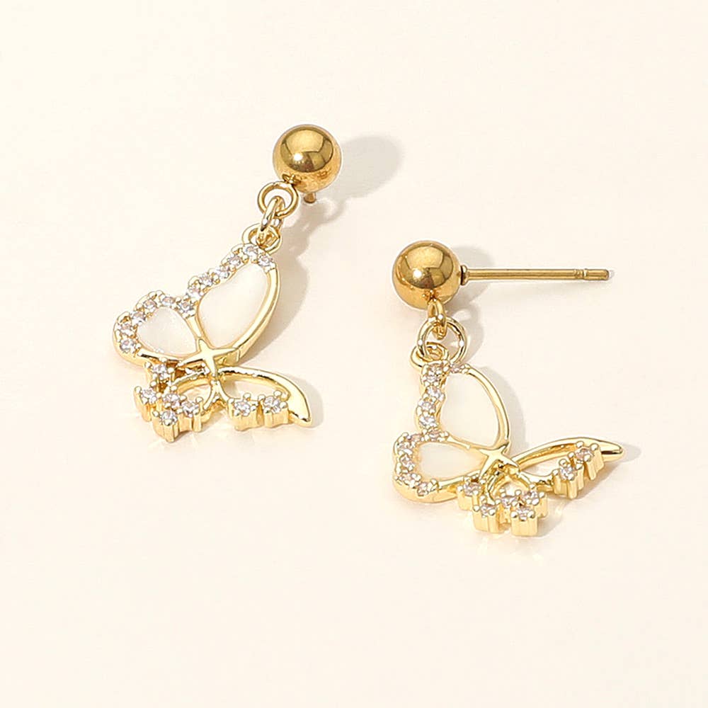 Stainless Steel CZ Stone Accent Mother of Pearl Butterfly Charm Dangle Earrings: Mother of Pearl,Silver