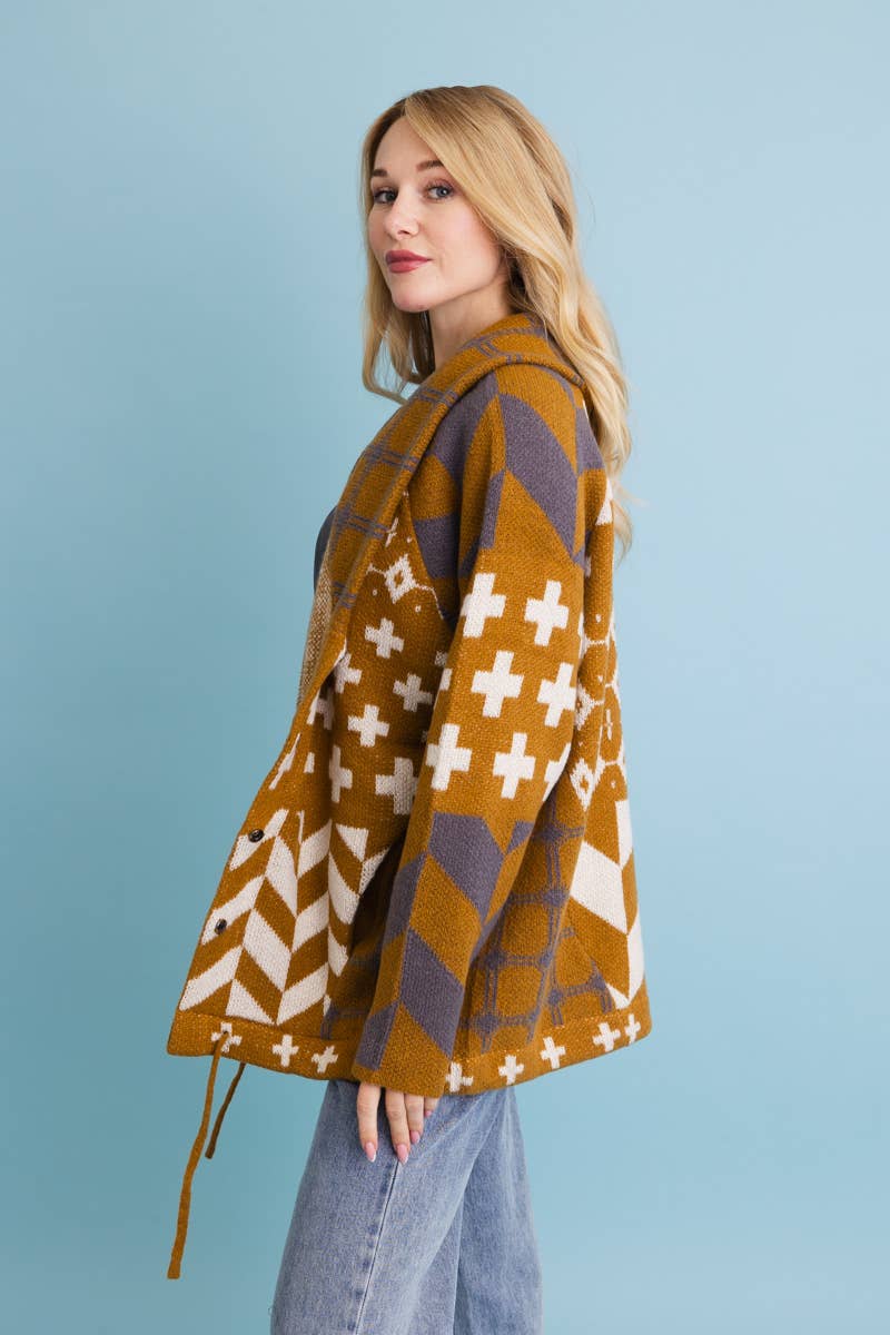 Sierra Spirit Geometric Street Style Knit Cardigan: Black