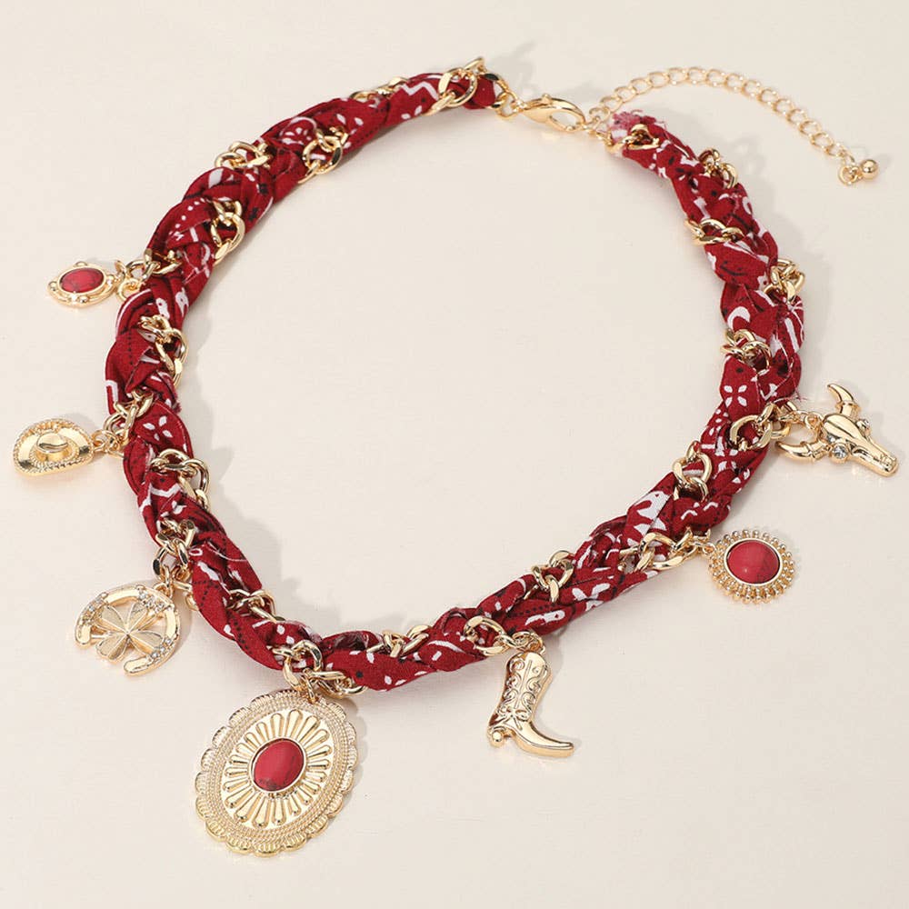 Western Themed Charm Fabric Braided Necklace: Beige,Gold
