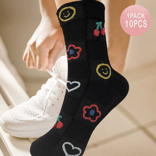 10Pairs - Cherry Flower Heart Smile Face Patterned Socks
