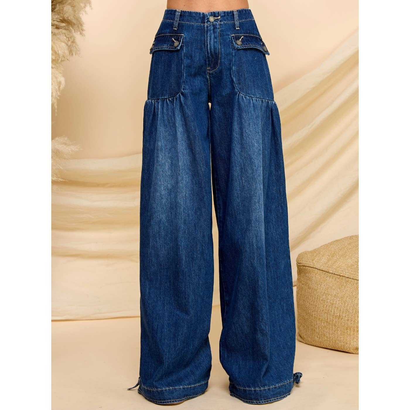 Ankle Drawstring Wide Denim Pants: Dark Wash / M