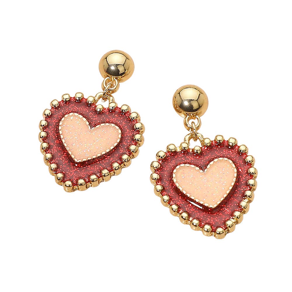Enamel Glitter Beaded Edge Double Heart Dangle Earrings