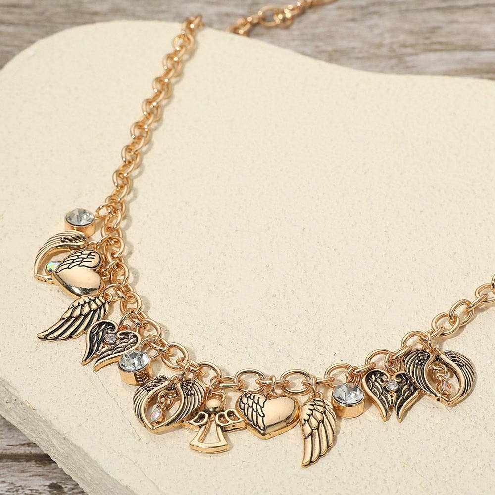 Angel Wing Heart Stone Charm Chain Necklace