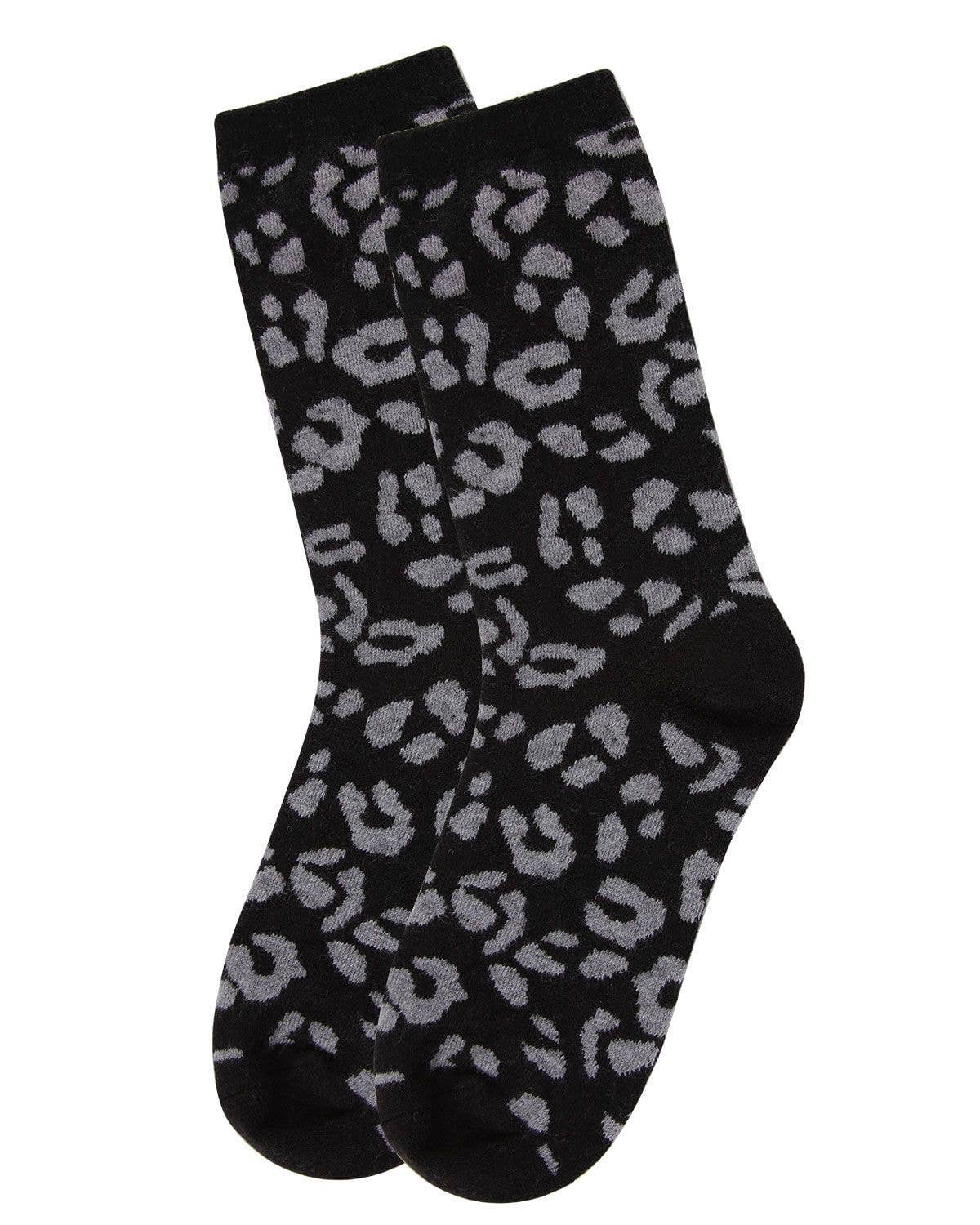 MeMoi Leopard Animal Print Cashmere Blend Crew Socks: Hemp Heather / 9-11