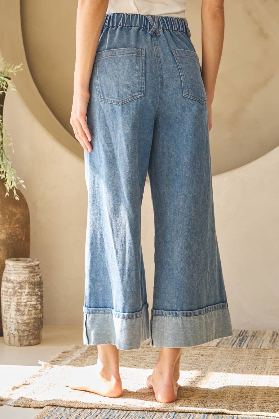 Plus Washed Denim Wide Leg Pants: Washed Denim / 3XL