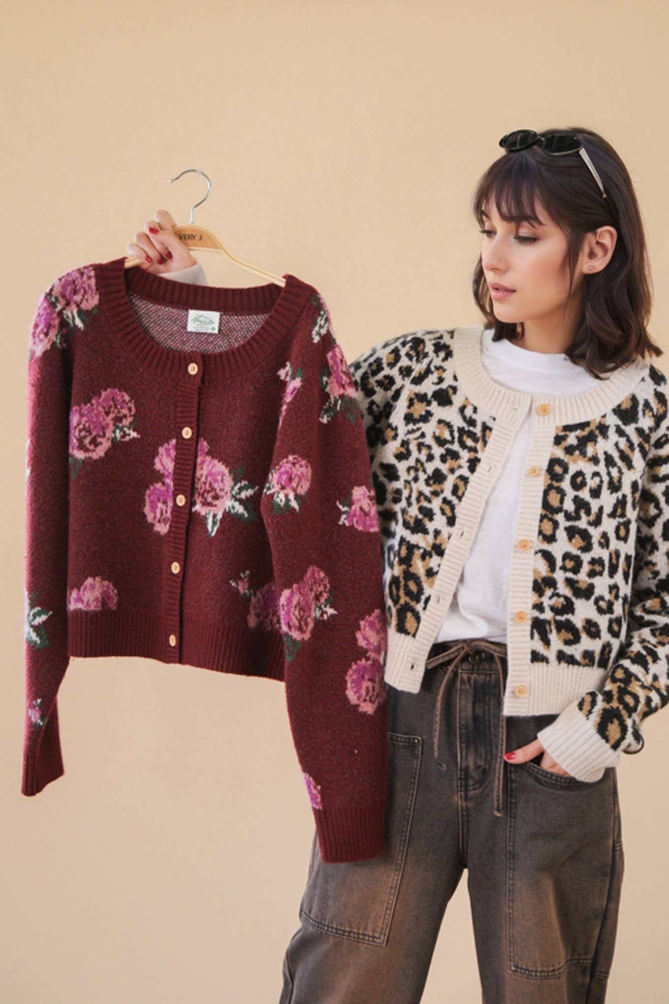 12W3475N-Print & Solid Soft Knit Sweater Cardigan