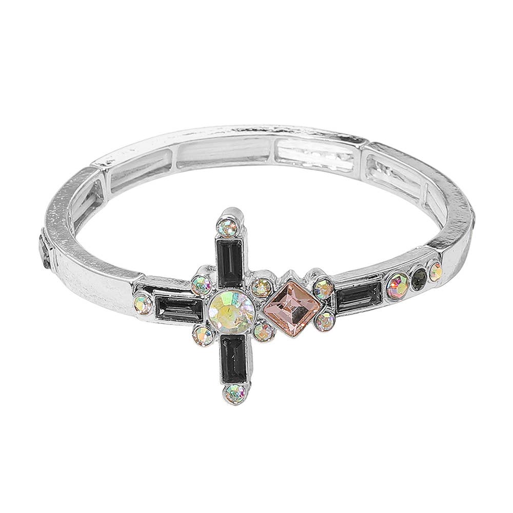 Mixed Stone Cross Accent Stretch Bracelet