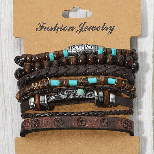 6PCS - Boho Western Feather Charm Accent Braided Adjustable Wooden Beaded Stretch Multi Layered Bracelets