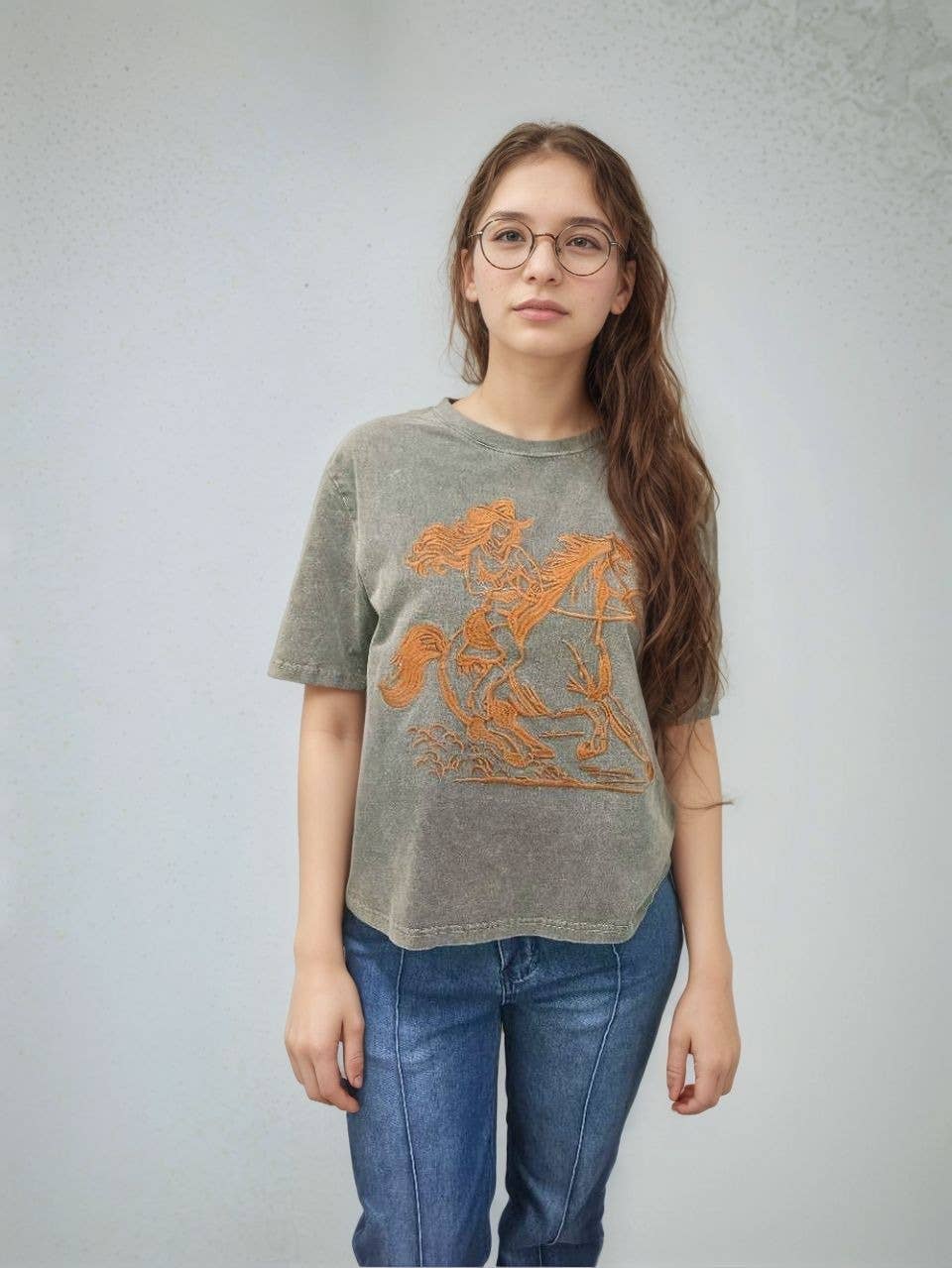 MK639 Cowgirl Embroidery Acid Washed Tee