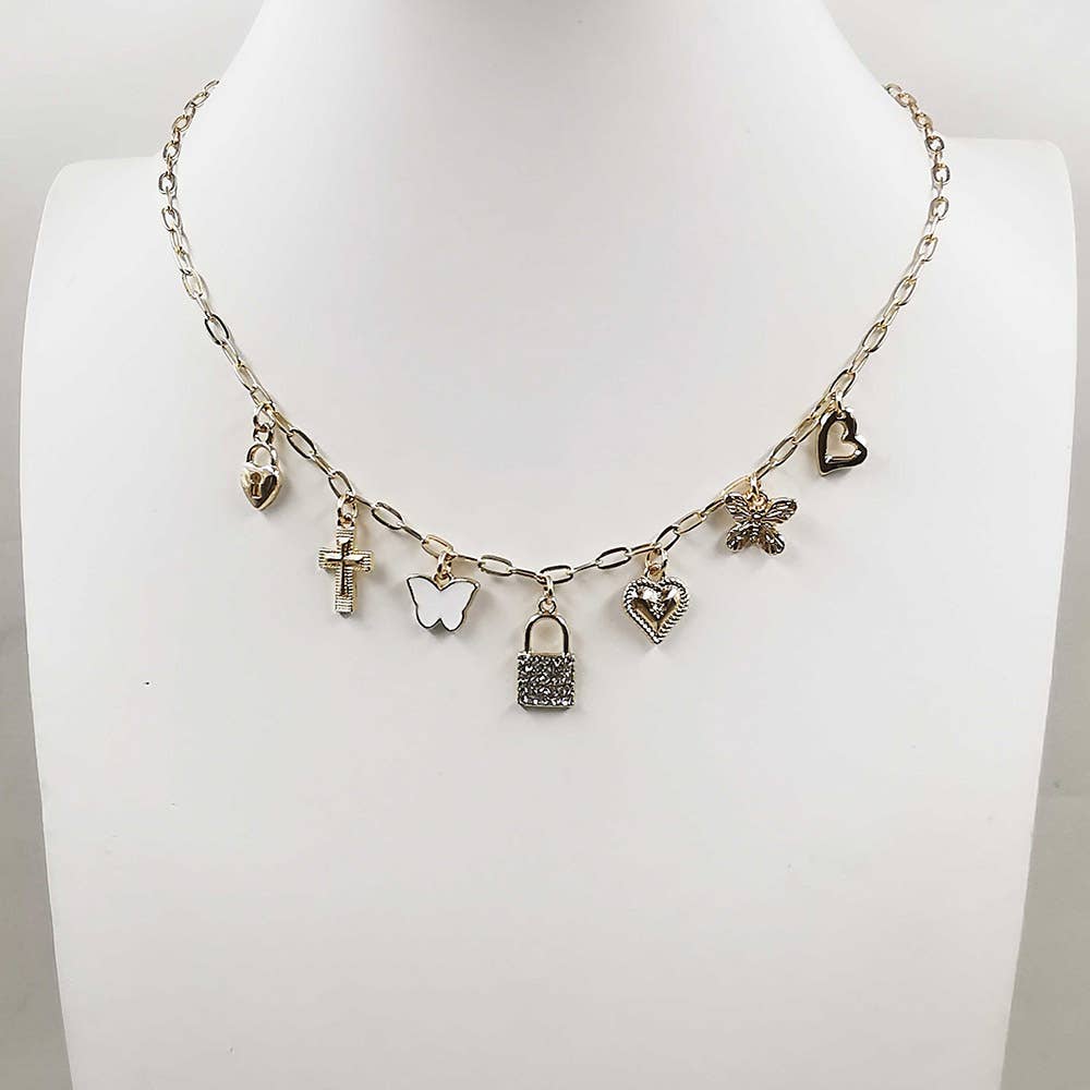 Lock Butterfly Heart Cross Charm Station Necklace: Clear,Rhodium