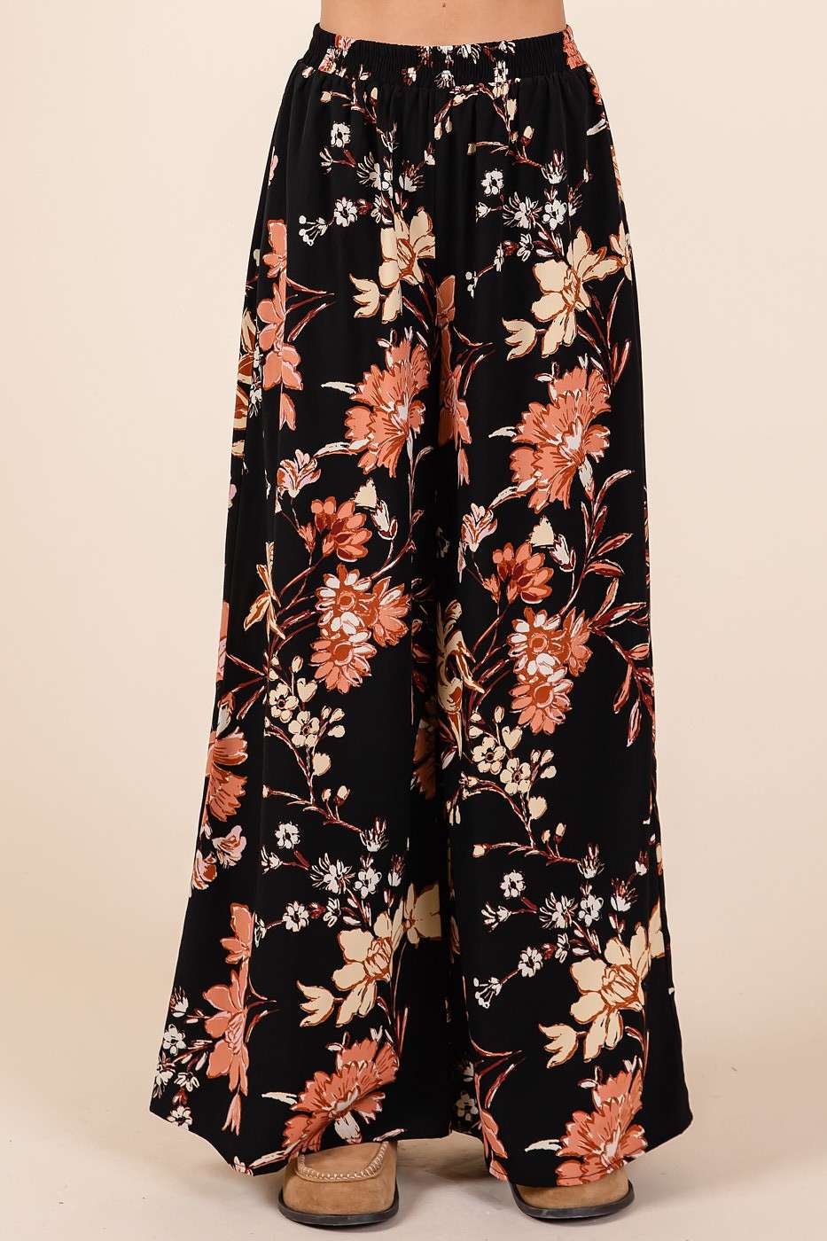 FLOWER PRINT ELASTIC WAIST MID RISE WIDE LEG PANTS