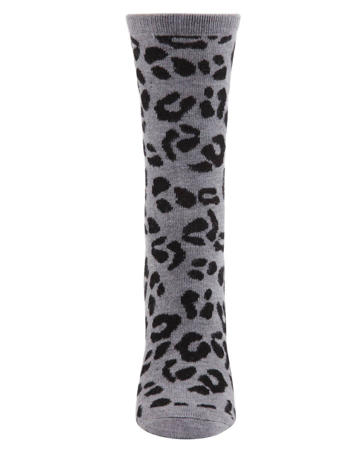 MeMoi Leopard Animal Print Cashmere Blend Crew Socks: Hemp Heather / 9-11