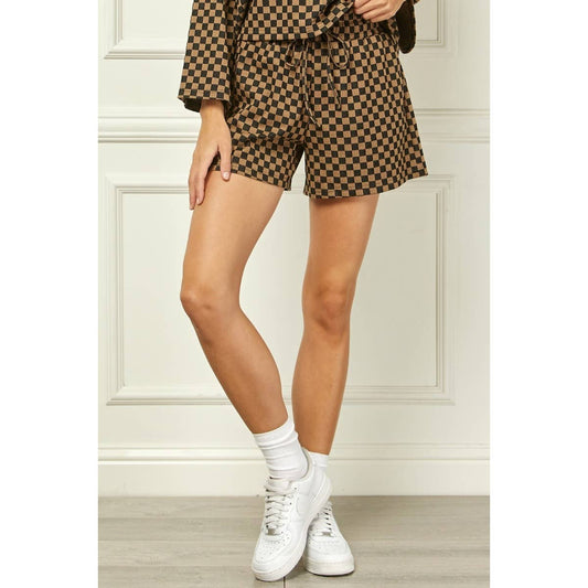 Checker Jersey Drawstring Short : Brown / M