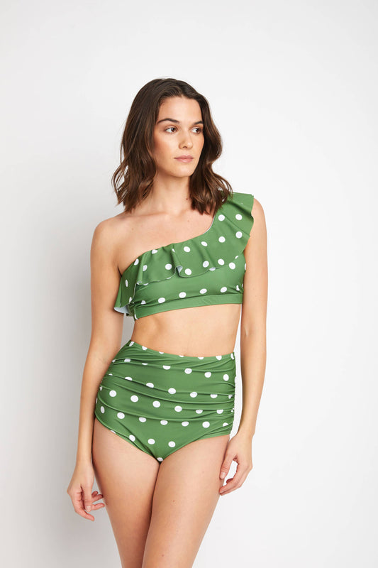 One-Shoulder High Waisted Bikini 2pcs-B2812_Olive Wht Dot