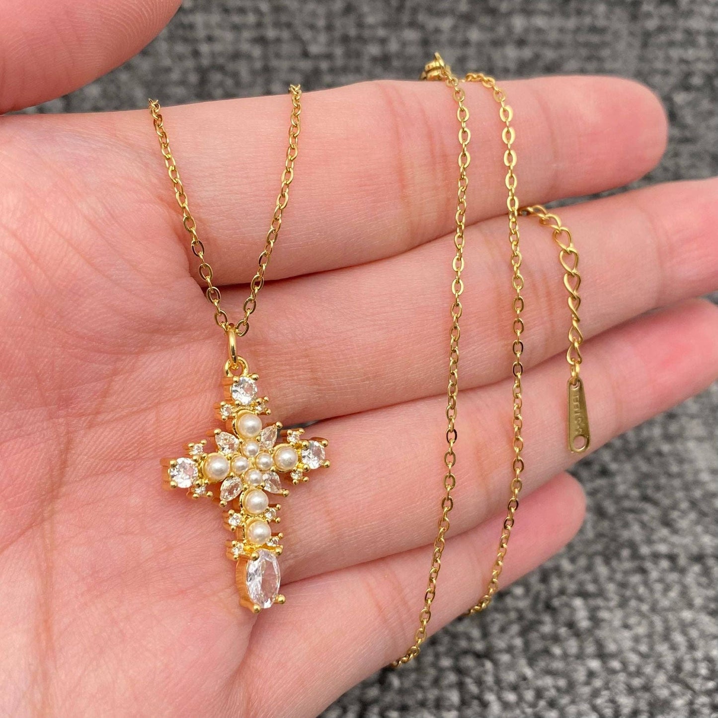 Multi Style Rhinestone & CZ Cross Charm Golden Necklace